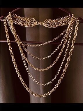 5 Tier Layered Gold Necklace Costume Jewelry Chain Links Vintage Box Link Marine